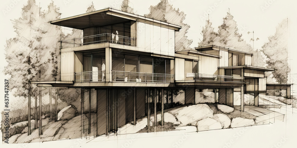 Detailed pencil sketch of modern suburban house. Abstract imaginary building concept. Generative AI