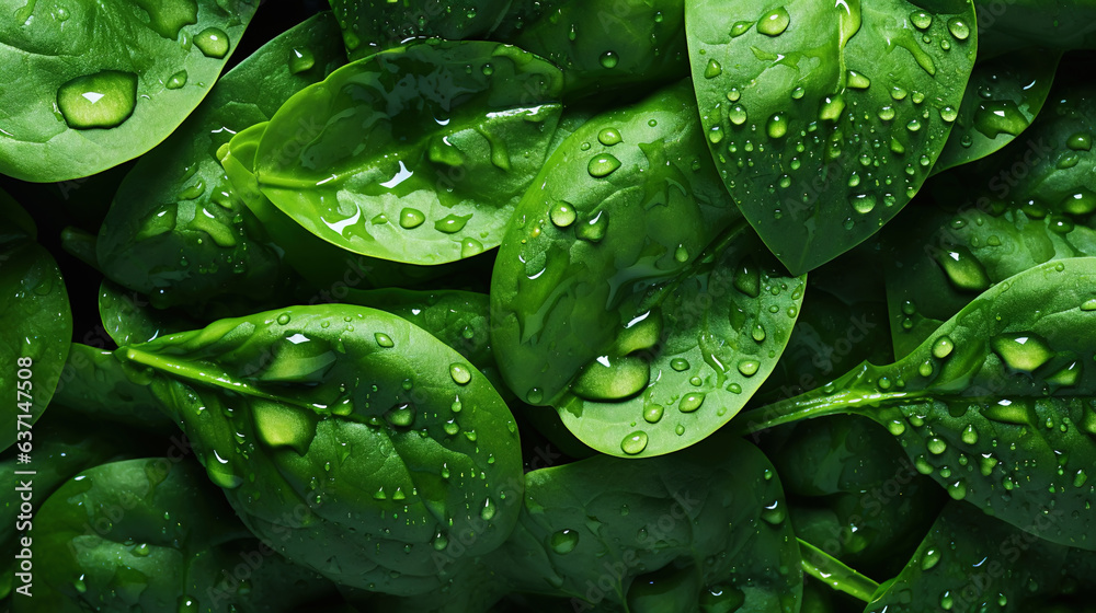 Fresh green spinach leaves with water drops background. Vegetables backdrop. Generative AI