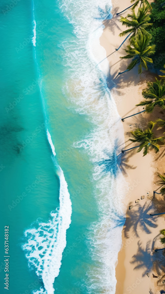 Aerial top view on sand ocean beach with palm trees. Summer vacation paradise concept. Vertical. Gen