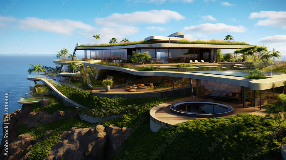 Luxury contemporaty villa on a mountain hill with a view on ocean. Generative AI