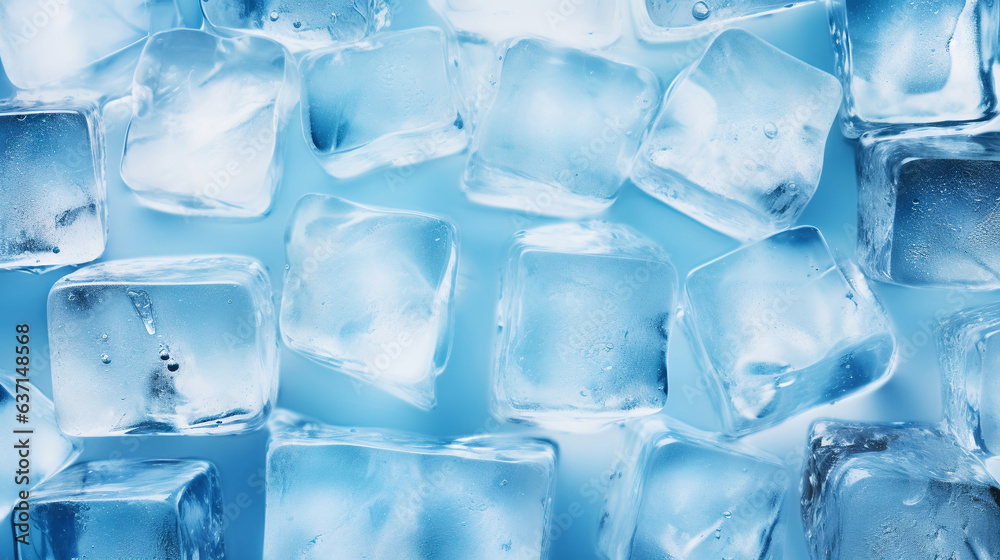 Ice cubes bluish background. Frozen water. Cold fresh concept. Generative AI