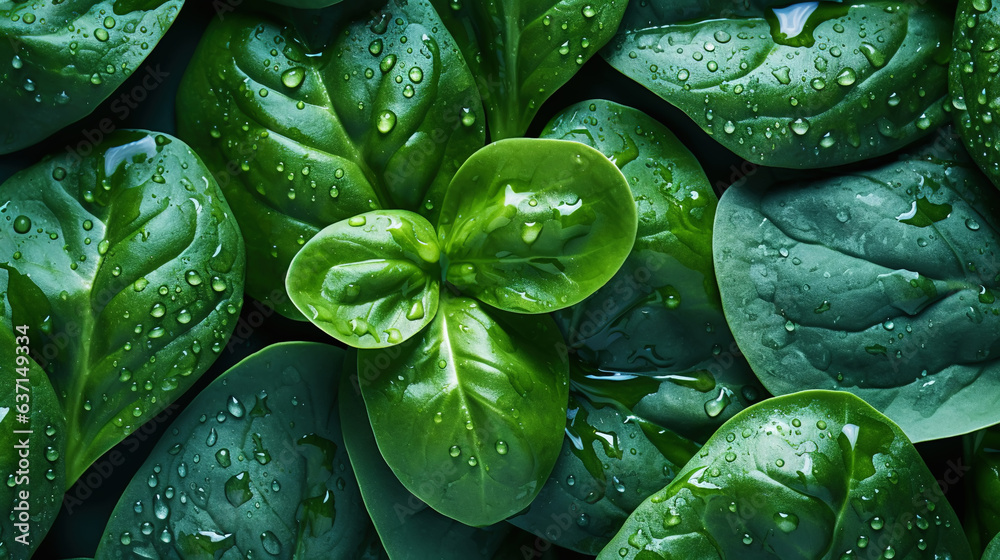 Fresh green spinach leaves with water drops background. Vegetables backdrop. Generative AI