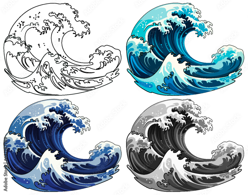 Group of Traditional Japanese Wave Illustrations