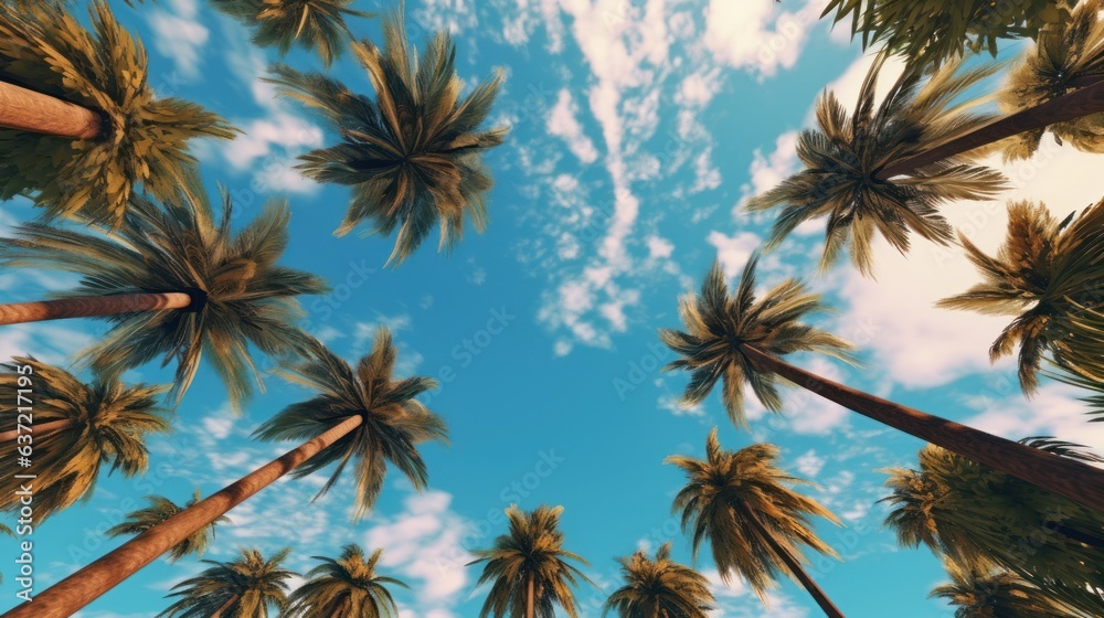 Blue sky and palm trees view from below. Tropical beach and summer background. Travel concept.