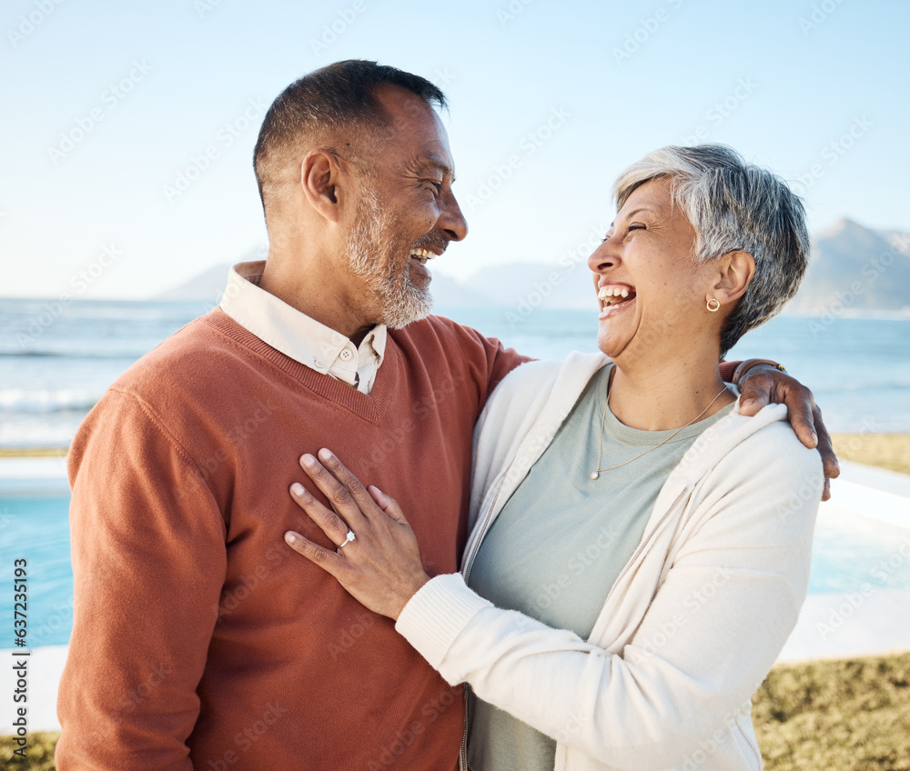 Beach, laughing and happy senior couple on vacation or holiday together with love in nature at the s