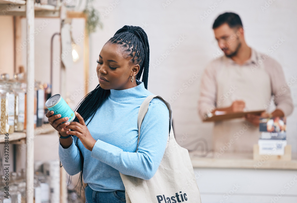 Shopping, grocery store and black woman by shelf for choice, options and service in eco friendly sup