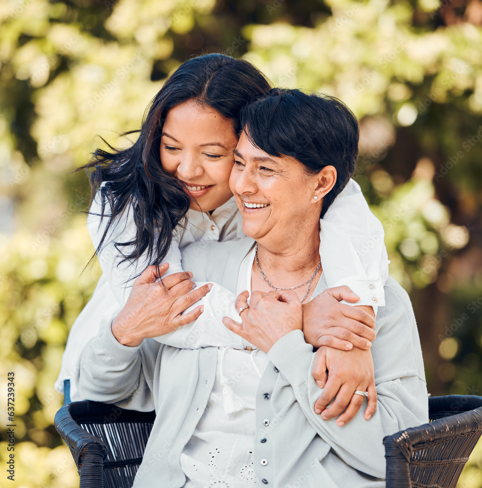 Mature mother, daughter and hug in garden with love on mothers day or woman bonding with care for mo