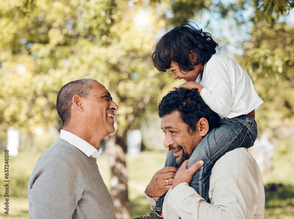 Senior father, piggyback and child in park for bonding fun, games and trust in backyard garden. Smil