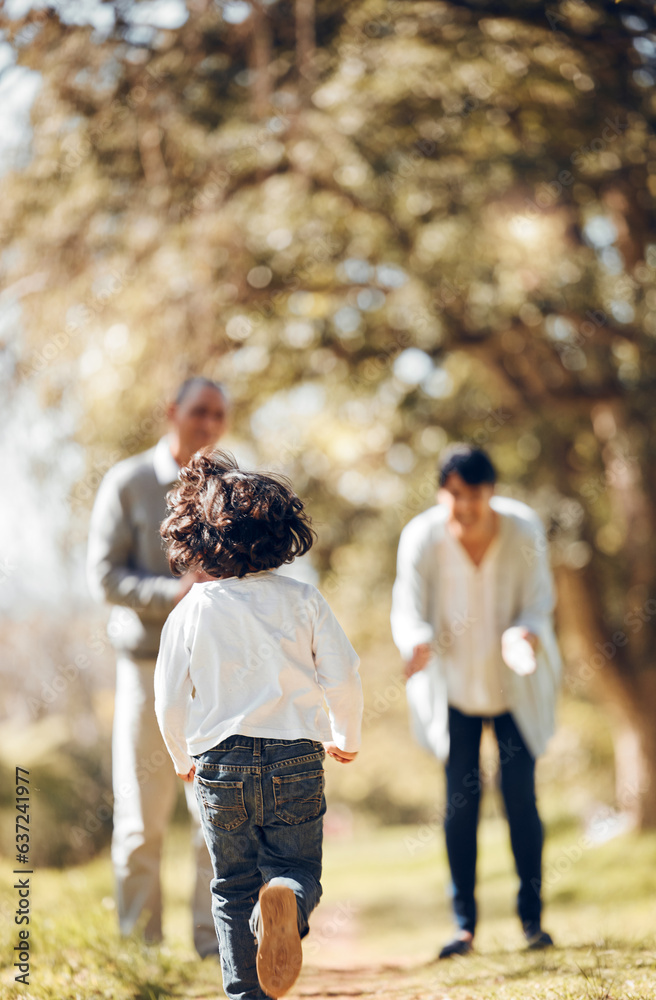 Child, running and bonding with grandparents in park for fun, energy and summer break in nature. Kid