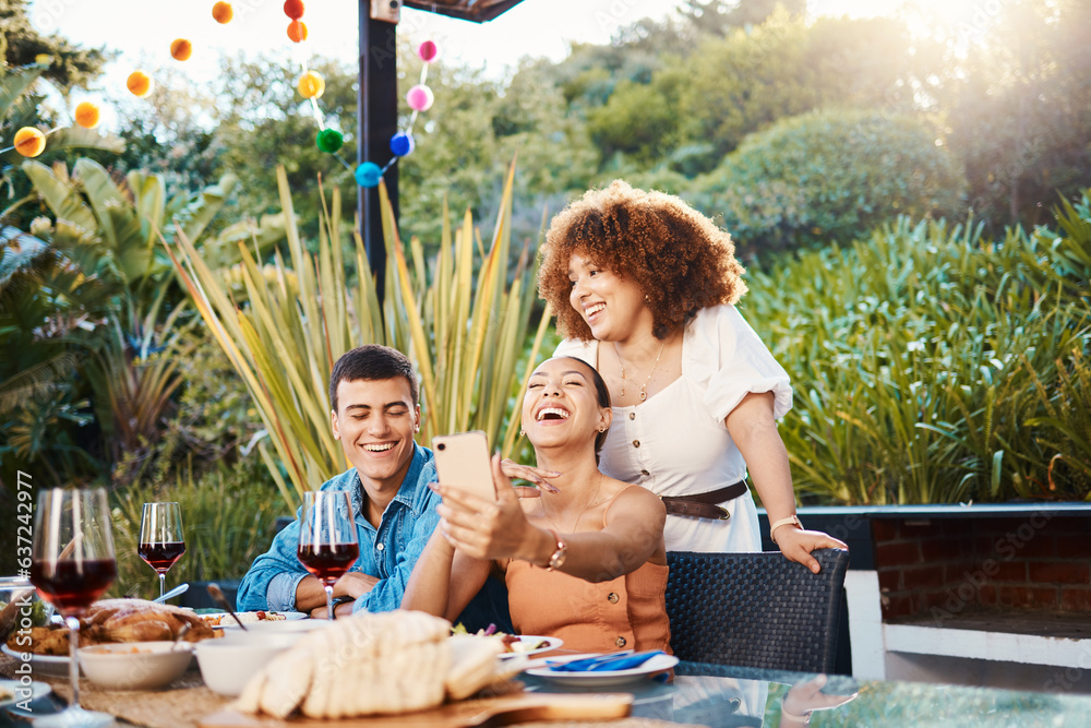 Selfie, outdoor lunch and laughing friends excited for funny memory photo of group, friendship reuni