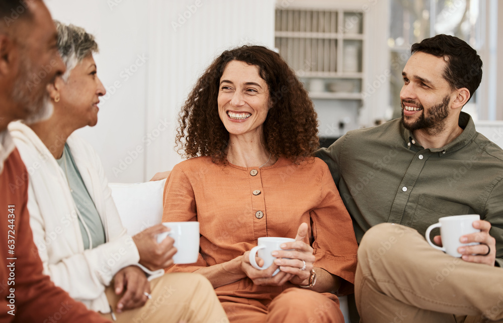 Couple, senior parents and coffee on sofa, relax and happy with conversation, love and bonding in li