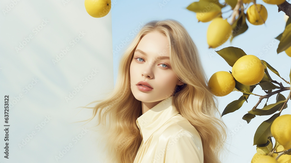 Elegant young woman with lemon tree