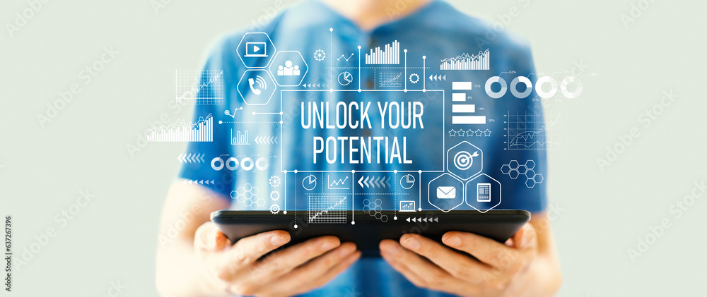 Unlock your potential theme with young man using a tablet computer