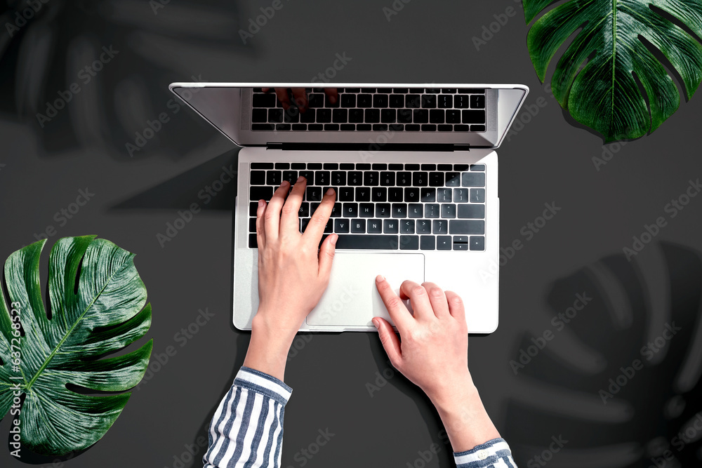 Person using a laptop computer with tropical leaves from above