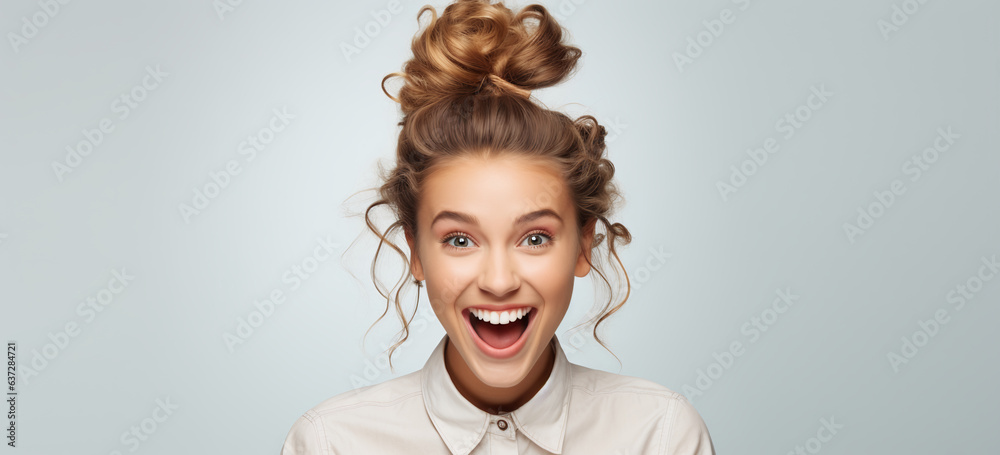 portrait of a young cheerful woman isolated on flat color background