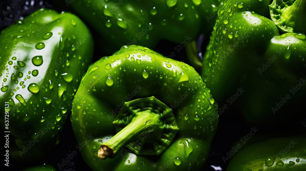 Fresh green bell peppers with water drops background. Vegetables backdrop. Generative AI