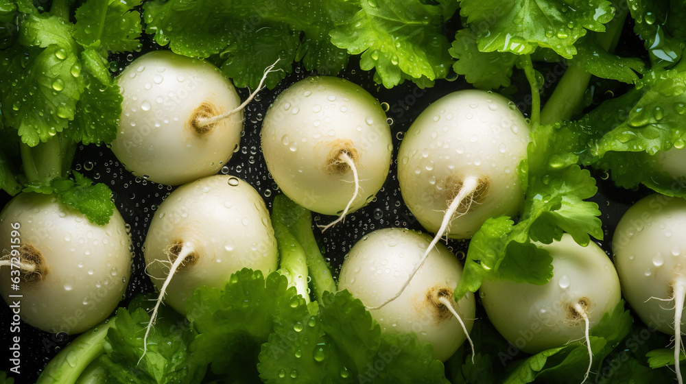 Fresh turnips with water drops background. Vegetables backdrop. Generative AI