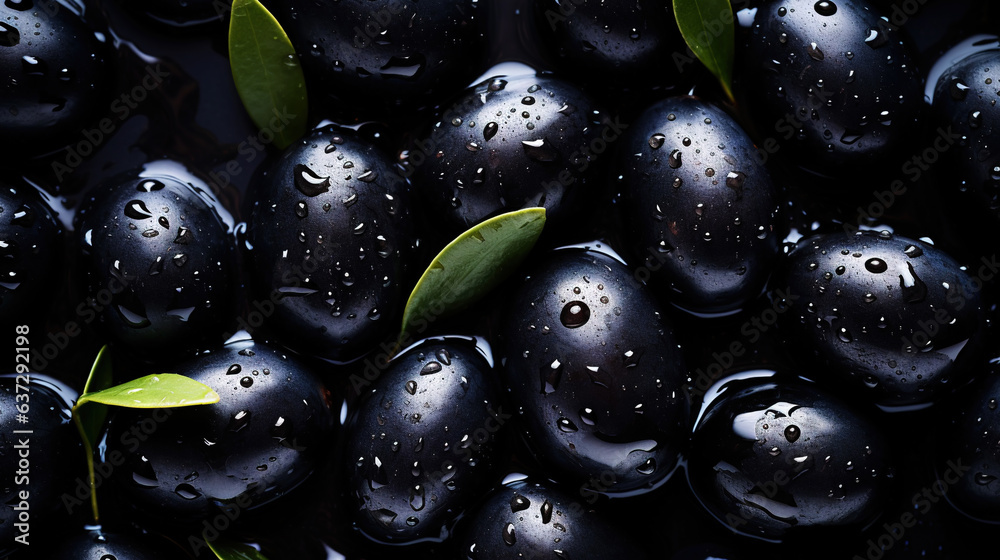 Black olives with leaves and water drops background. Vegetables backdrop. Generative AI