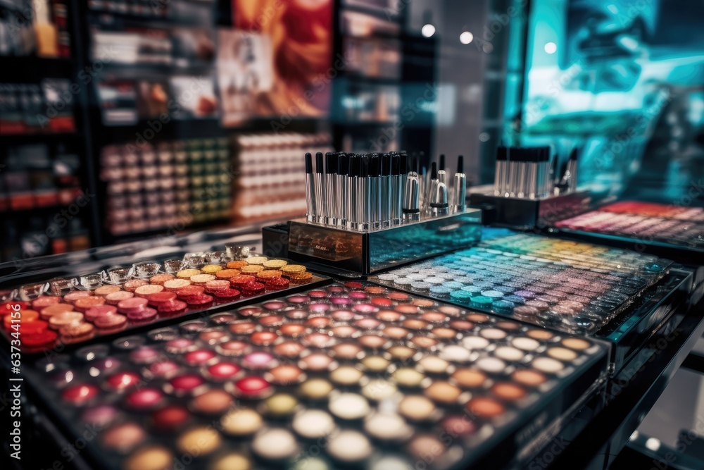 Cosmetics showcase in a shop with colorful eye shadows, lipstick and other beauty products.