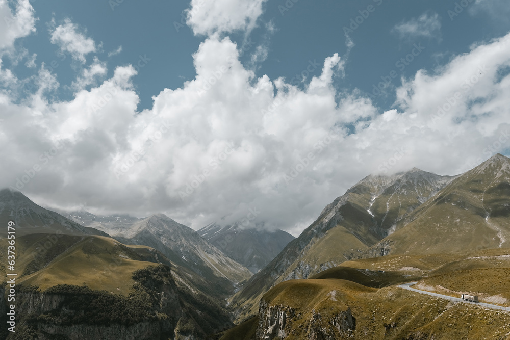 mountain landscape. freight truck on the road.