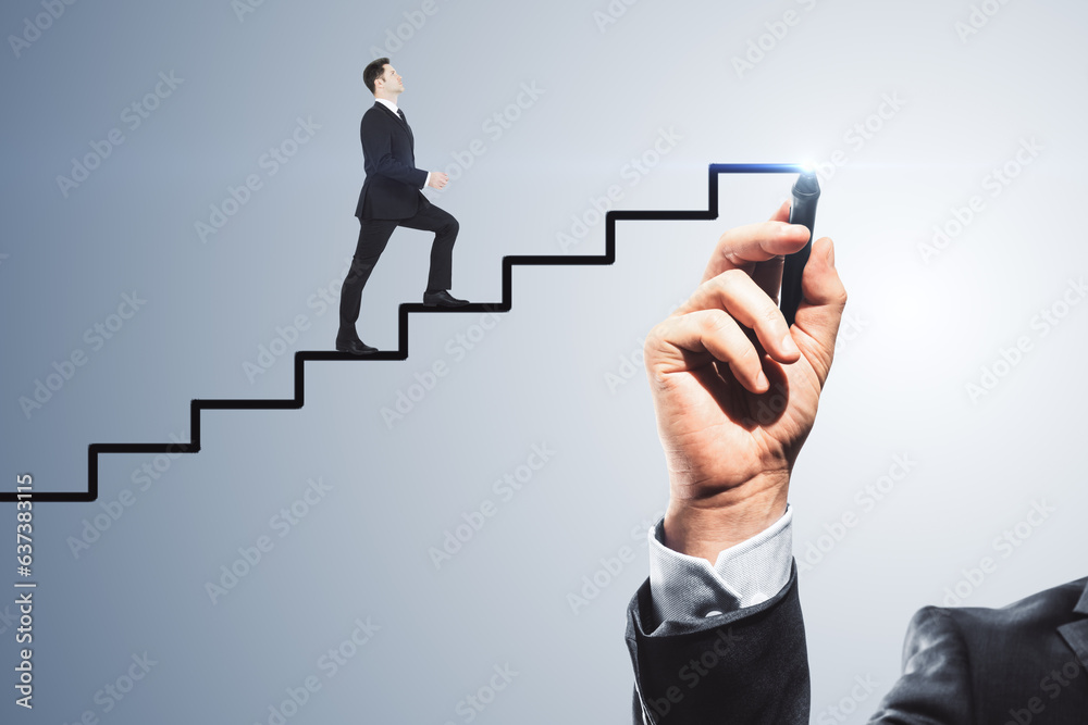 Abstract image of businessman climbing hand drawn stairs on light background. Teamwork, success and 