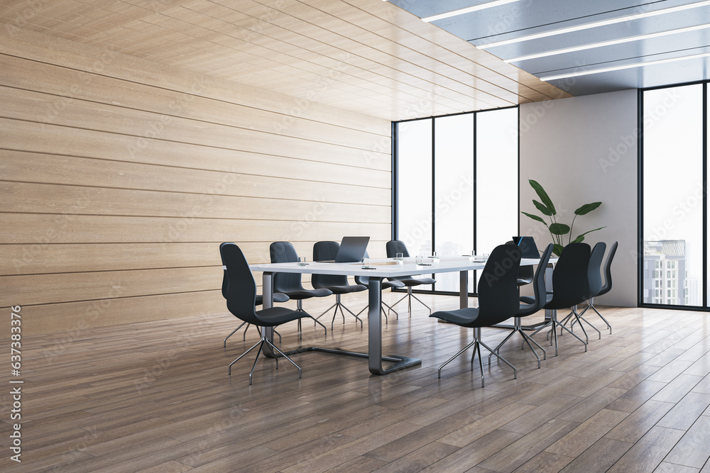 New wooden plank conference room interior with table, chairs and panoramic window with city view. 3D