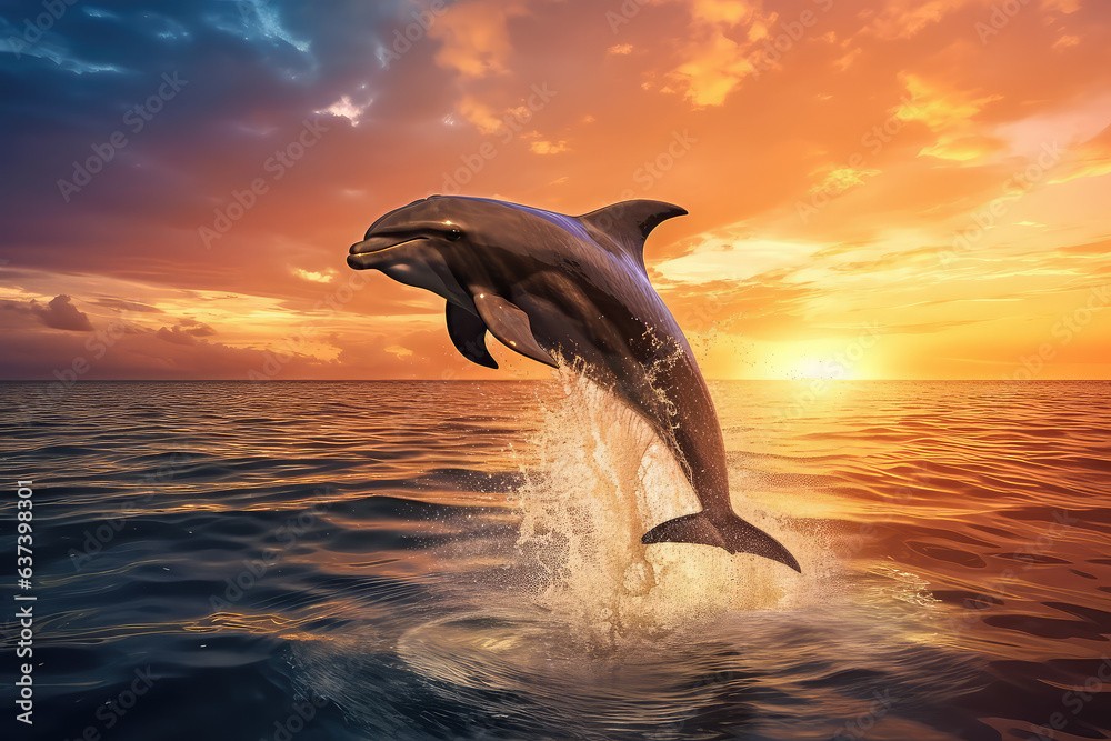 Bottlenose dolphin jump over ocean with beautiful sunset background