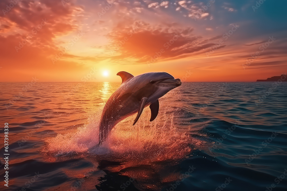 Bottlenose dolphin jump over ocean with beautiful sunset background