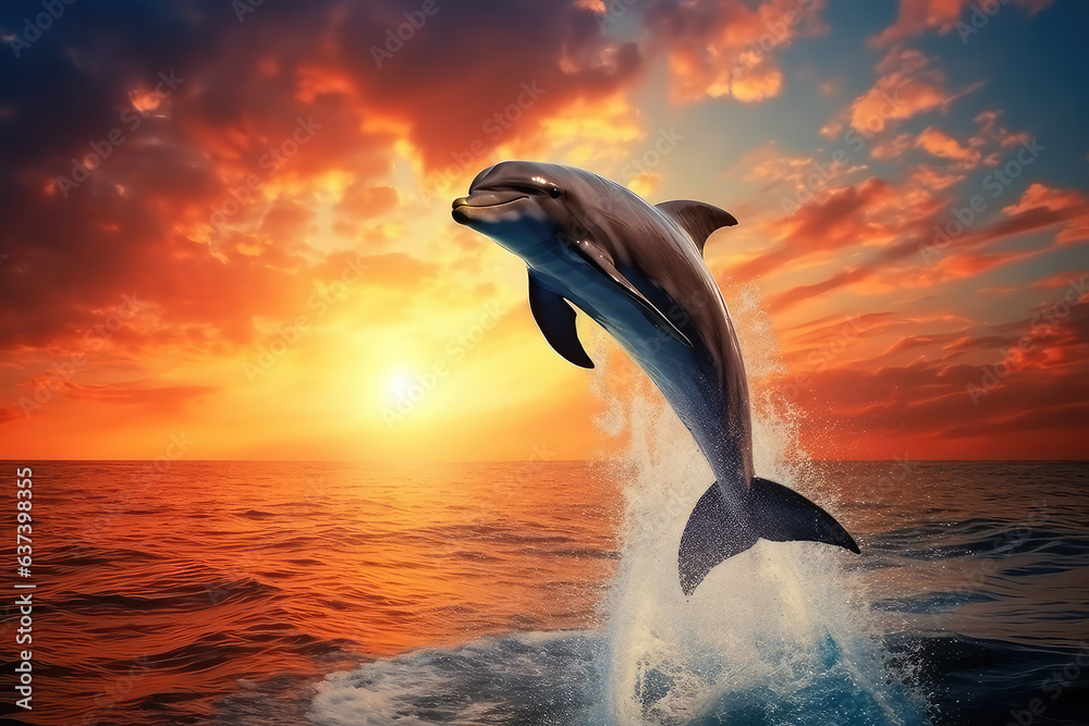 Bottlenose dolphin jump over ocean with beautiful sunset background