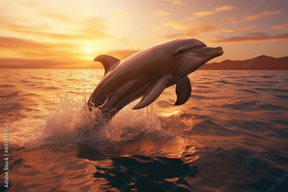 Bottlenose dolphin jump over ocean with beautiful sunset background