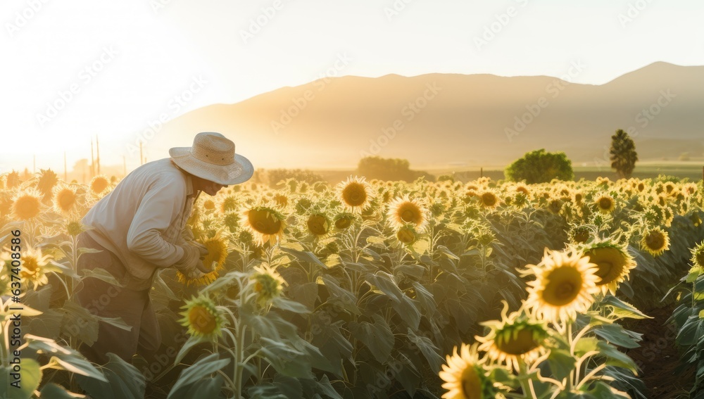 Farmer standing in sunflower field and looking at the sun.