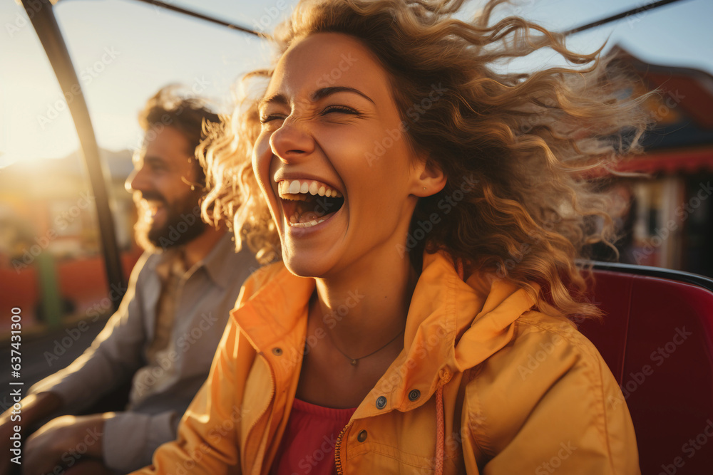 Beautiful happy couple having fun on roller coaster - Generative AI