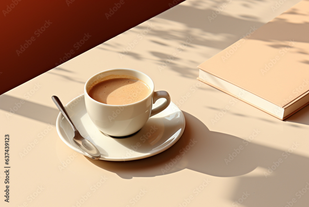 a blank notebook next to a cup of coffee and pencil, in the style of minimalist backgrounds