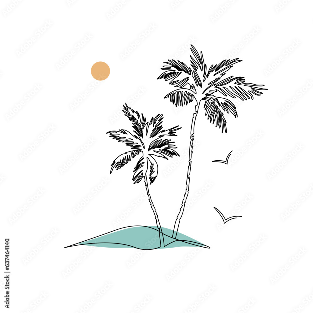 Abstract tropical landscape continuous art line with mountains, sea, coconut palm tree