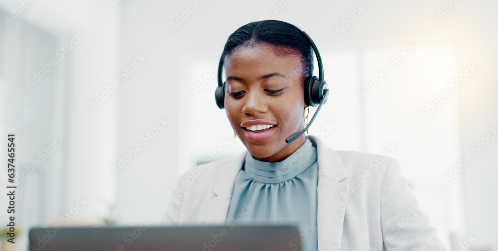 Black woman, call center and consulting on laptop for telemarketing, customer service or desktop sup