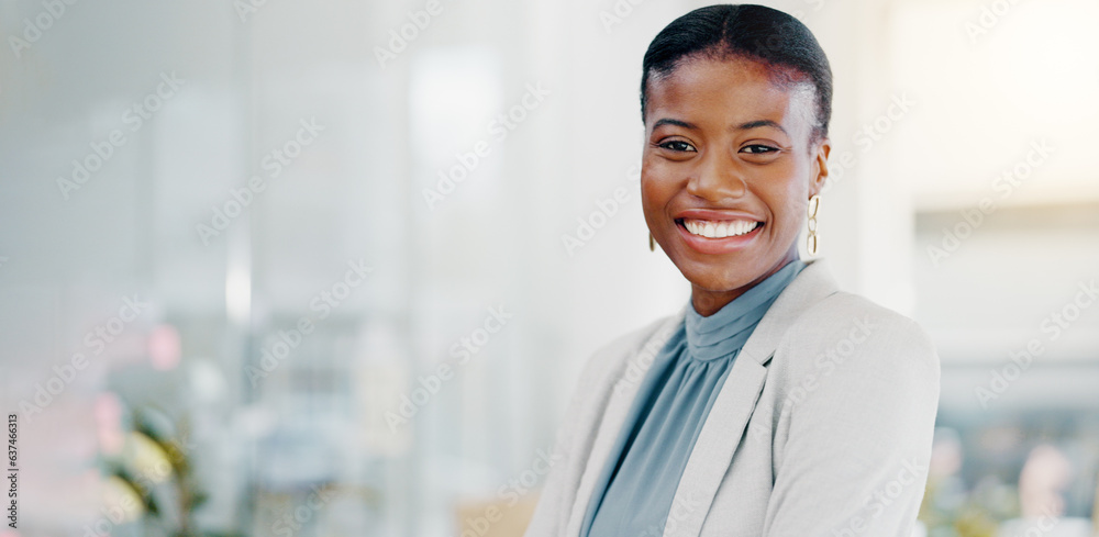 Face, business and black woman with smile, success and confident ceo in workplace, advertising agenc