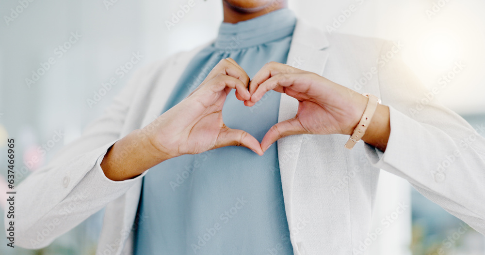 Hands, heart and business woman with love emoji for care, kindness and symbol in office. Closeup of 