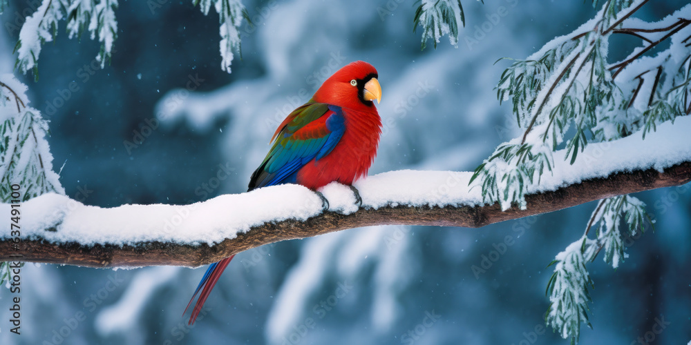 Whimsical scene of vibrant tropical bird perched on snowy branch in winter forest, striking contrast