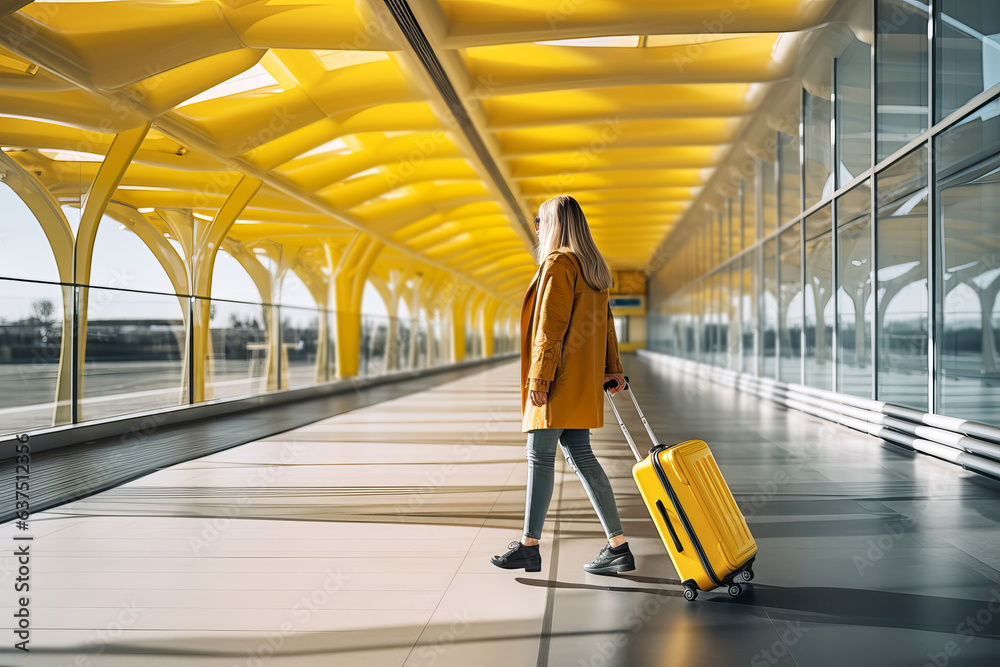 Attractive female traveler walking with a yellow suitcase at the modern transport stop outdoors.