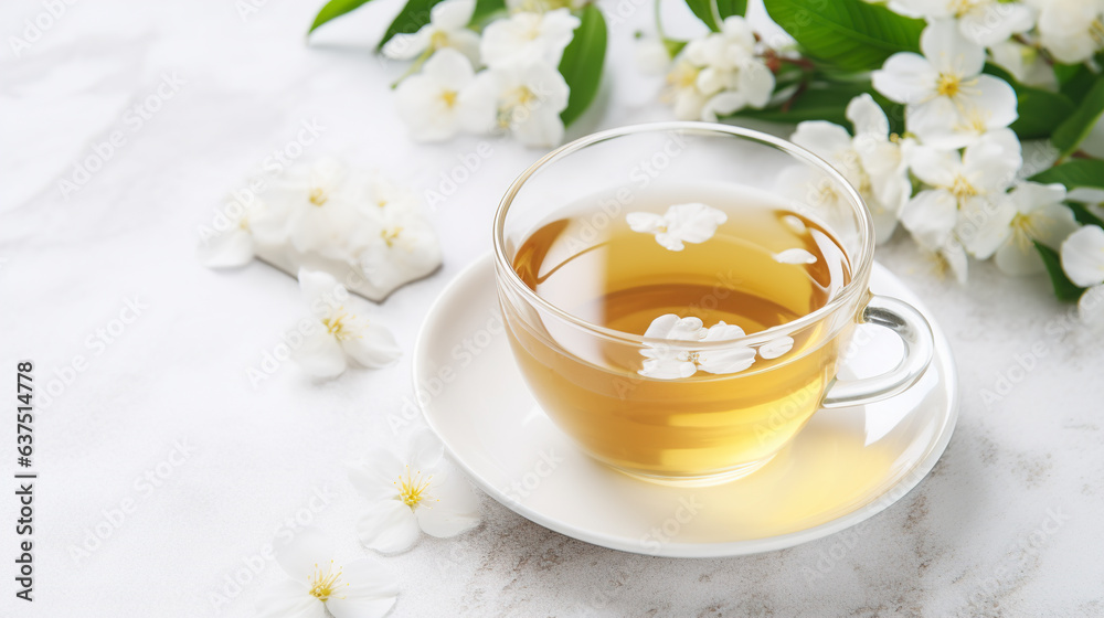 Glass cup of jasmine green tea and fresh jasmine flowers on a white table	