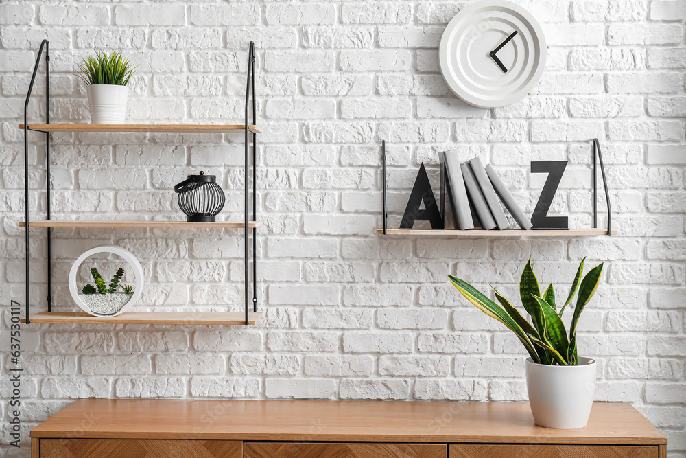 Stylish holder for books on shelf with houseplant in room