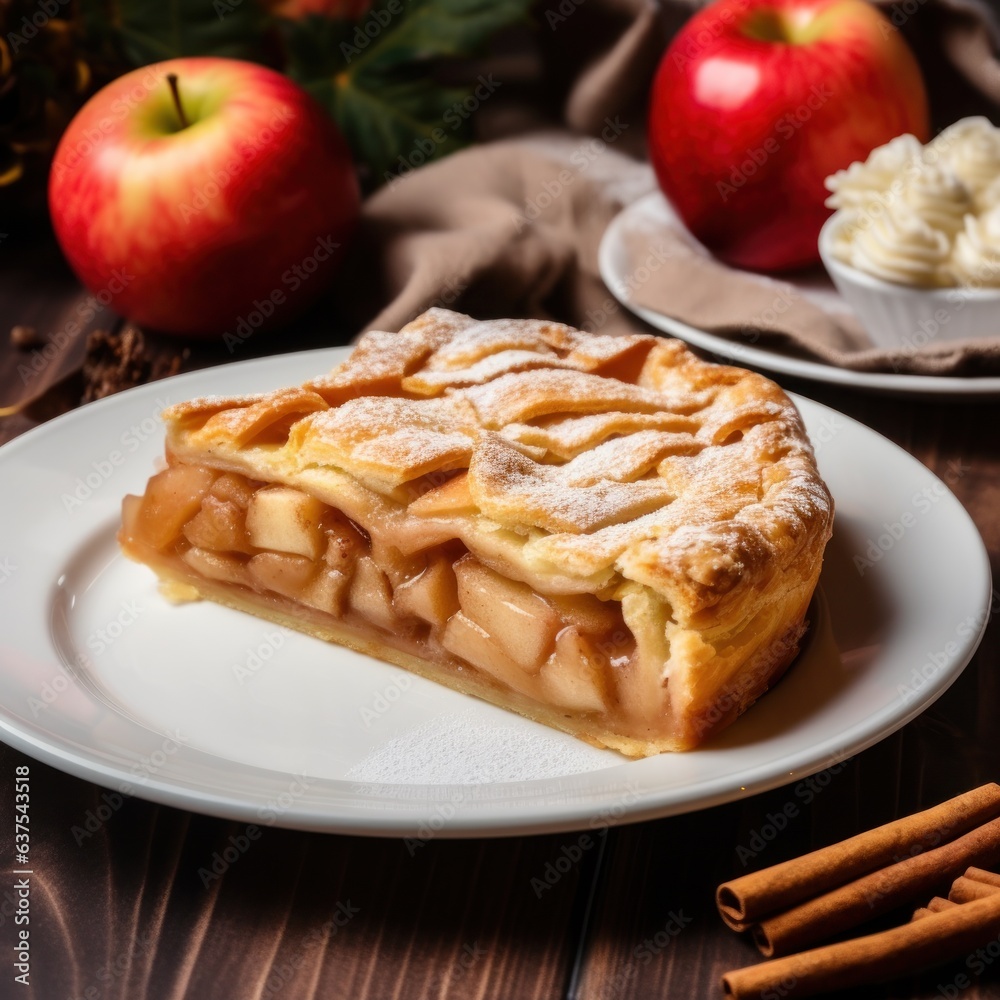 apple pie lies on a white plate on a wooden table.