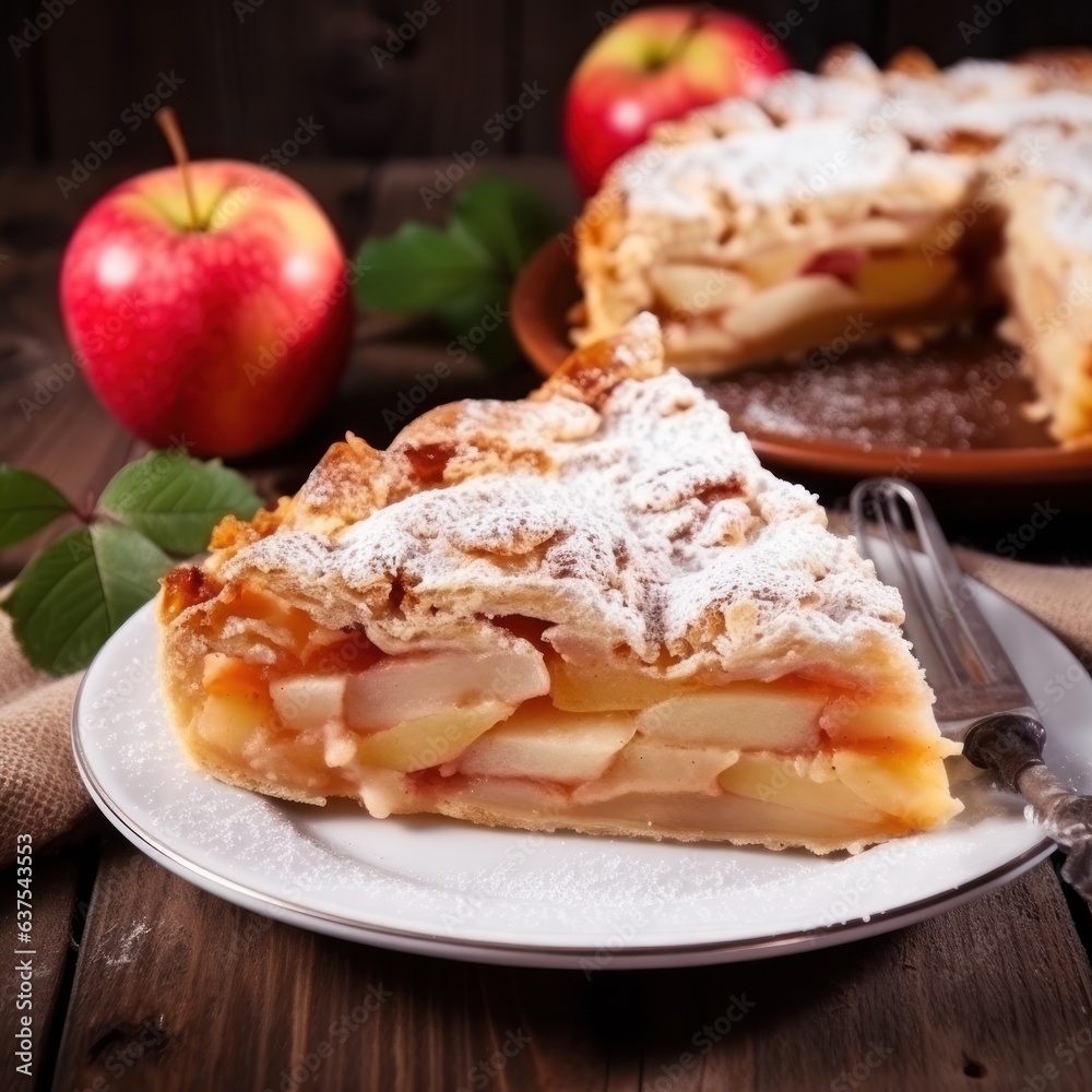 apple pie lies on a white plate on a wooden table.