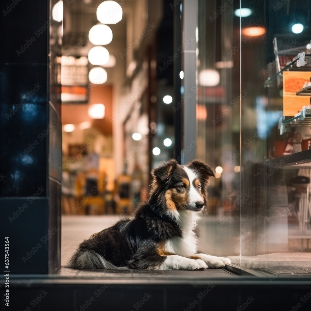 the dog is waiting for his owner near the store