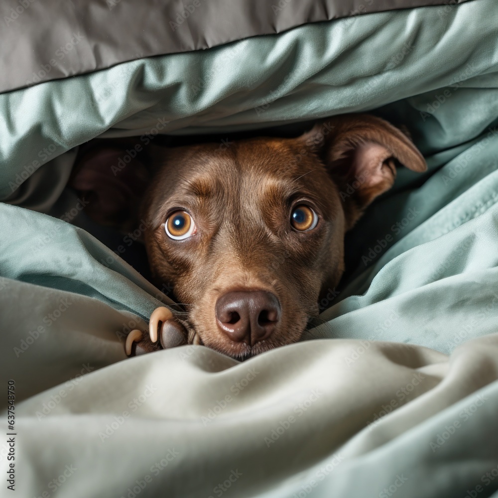 dog lies in bed under the covers.