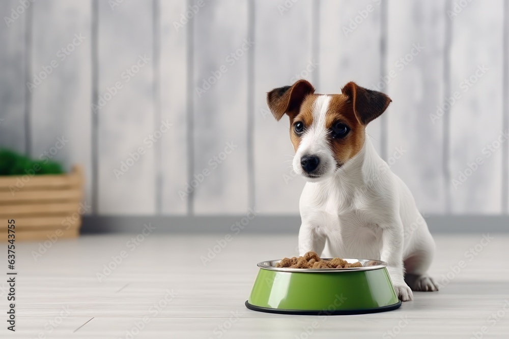 dog in a white sweater eats food from a green bowl on a gray floor