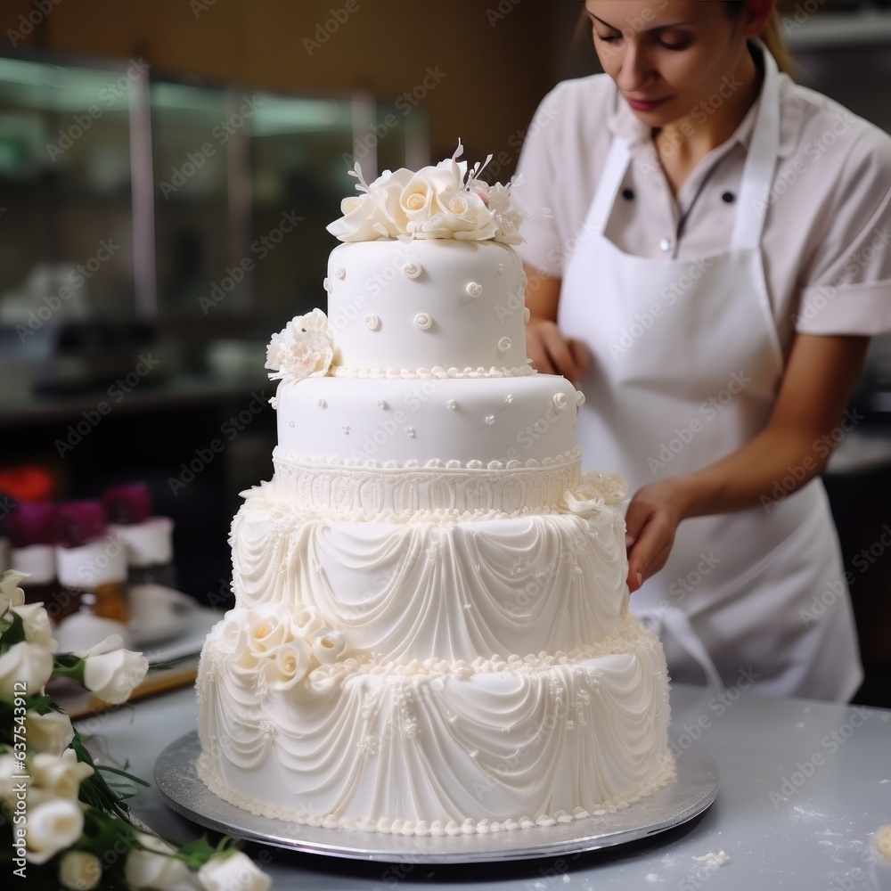 confectioner bakes a large white three-tiered wedding cake