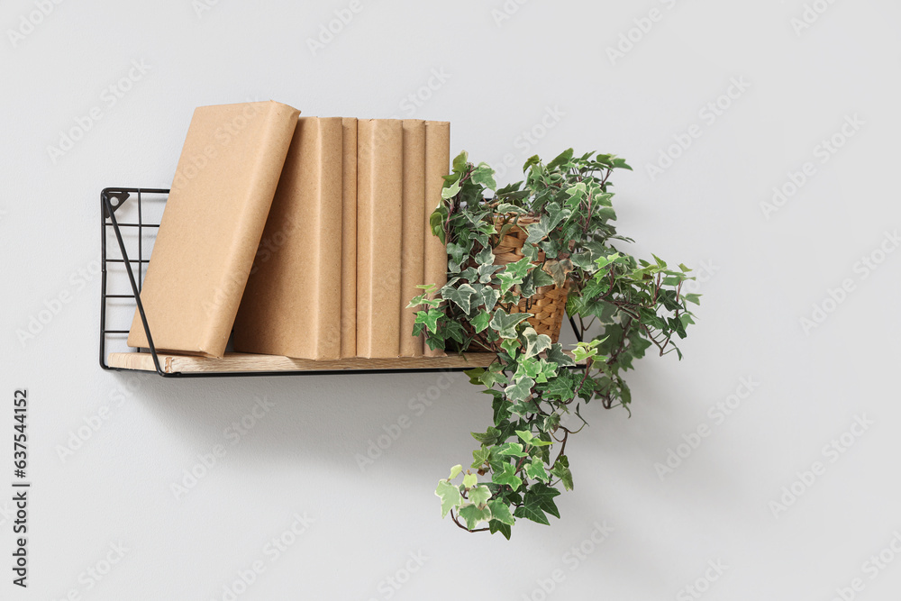 Shelf with books and plant on light wall