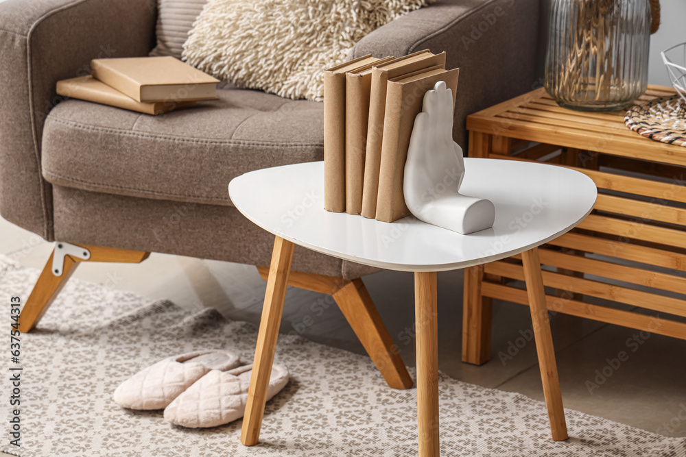 Holder with books on table in living room