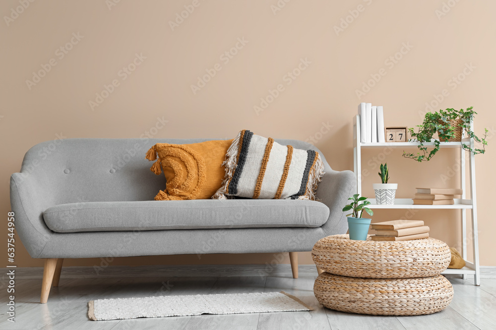 Interior of living room with sofa, books and shelving unit